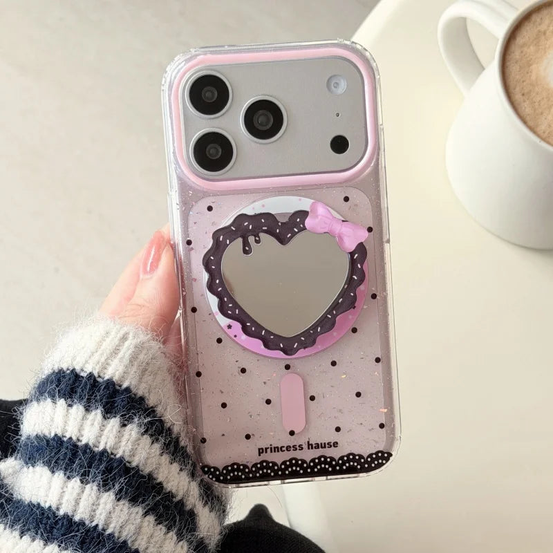 ハートミラー グリッターiPhoneケース｜キラキラフレーム・ミラーグリップ付きデザイン #240426