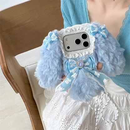【ロリータファーリボンうさぎ】耳付き ふわもこリボン × レースデザイン ラビット スマホケース｜iPhone対応 #250102