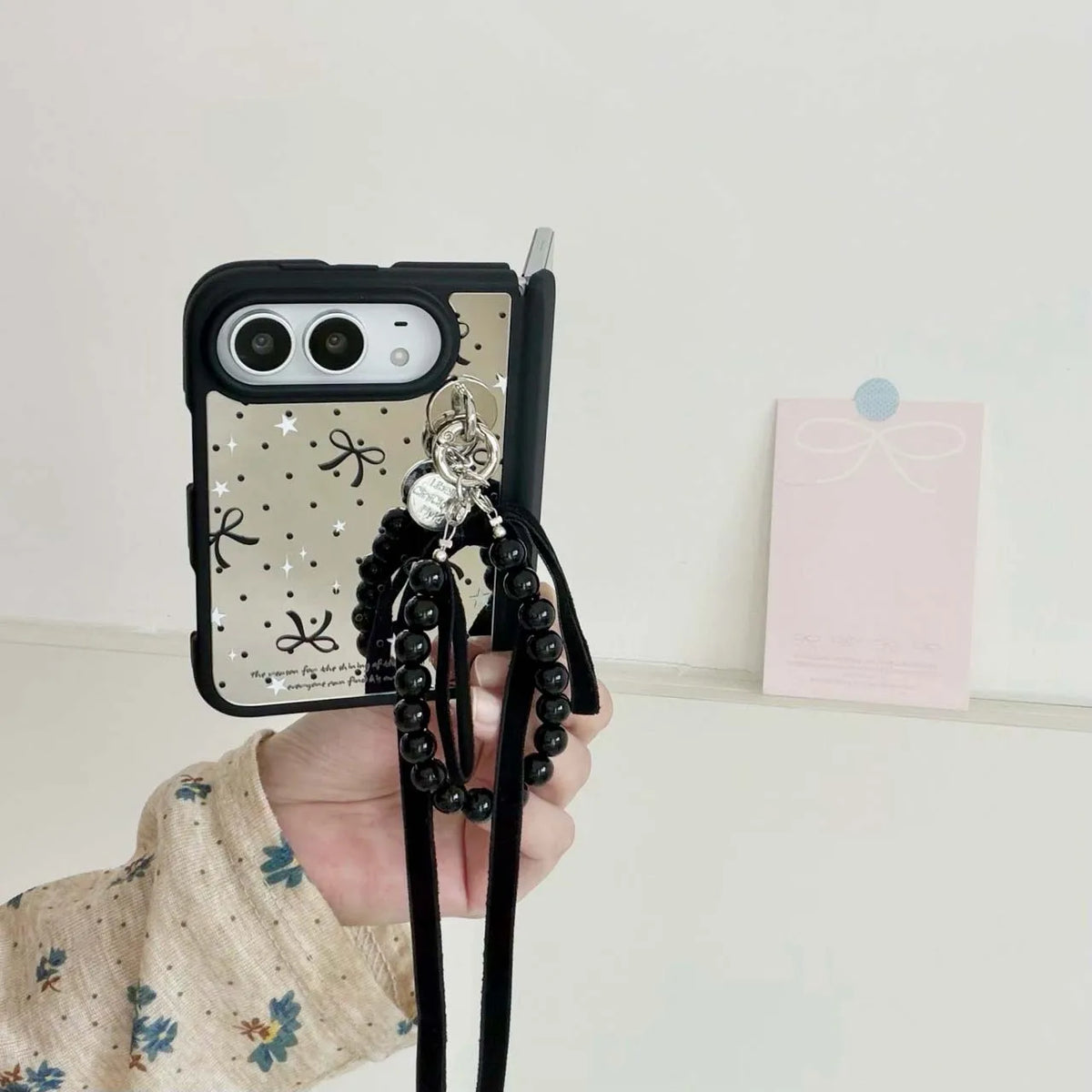 iPhone Duo ミラー リボン柄 グリップ・ストラップ付き iPhoneケース｜ガーリー・韓国っぽ #261265　