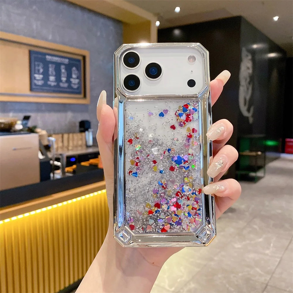 【流れるシリーズ】グリッタージュエル リキッド スパークル スマホケース｜キラキラハート入りデザイン｜iPhone対応 #241124
