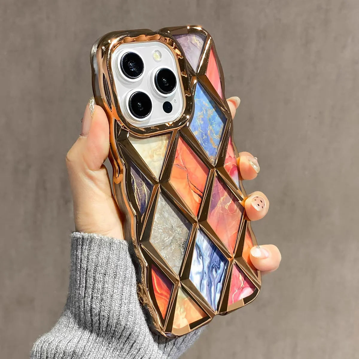 【ジェムカットアート】立体ジオメトリック × マーブルパネルデザイン スマホケース｜iPhone対応 #250603