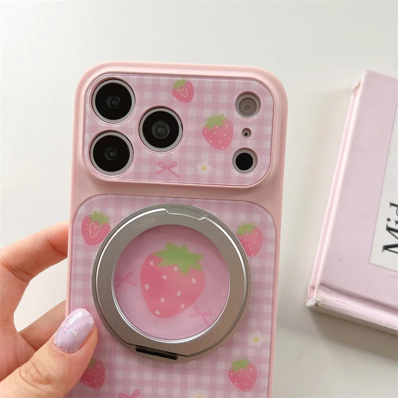 【フルーツ柄】ギンガムチェック iPhoneケース 回転リングスタンド付き ｜かわいい ポップ #260021