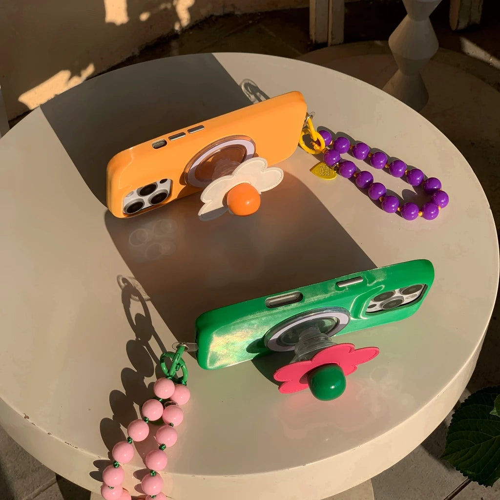 【フラワーシリーズ】立体レトロフラワー ビーズストラップ付き バイカラー スマホケース｜iPhone対応 #251001
