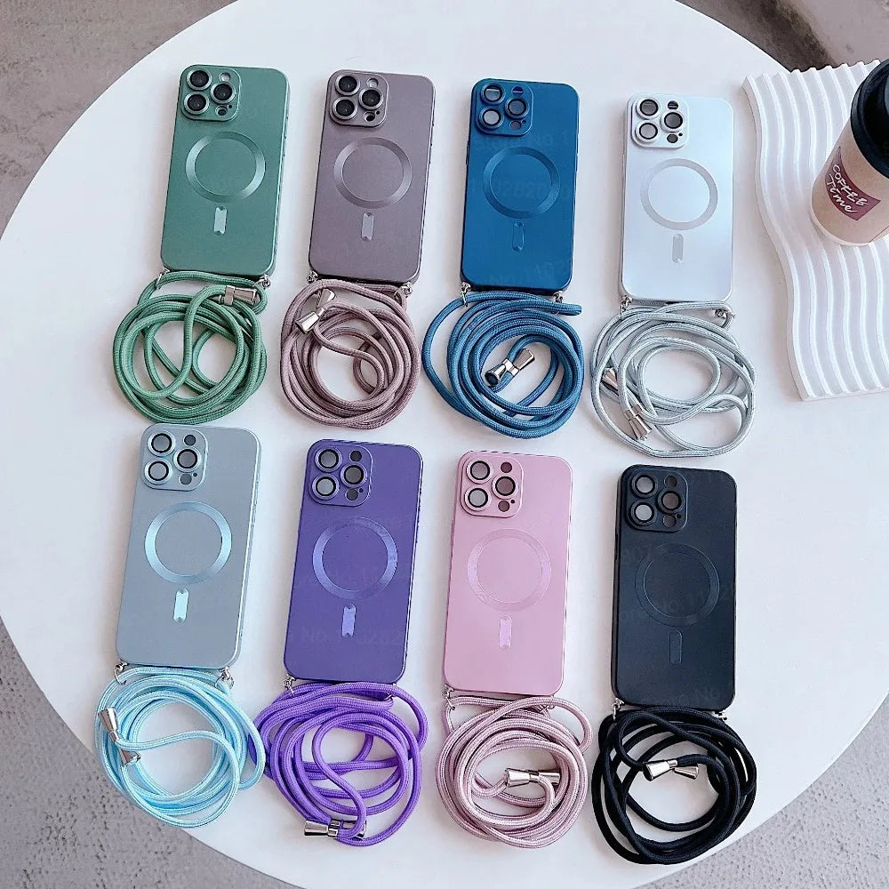 【ワイヤレス充電対応シリーズ】マットメタル ストラップ付きシンプルデザイン スマホケース｜iPhone対応 #251106