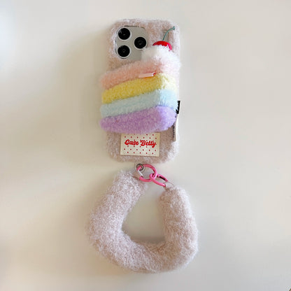 【スイーツモチーフシリーズ】レインボーケーキ ＆ ハンバーガー スマホケース｜ふわもこ立体デザイン × ハンドストラップ付き｜iPhone対応 #241201
