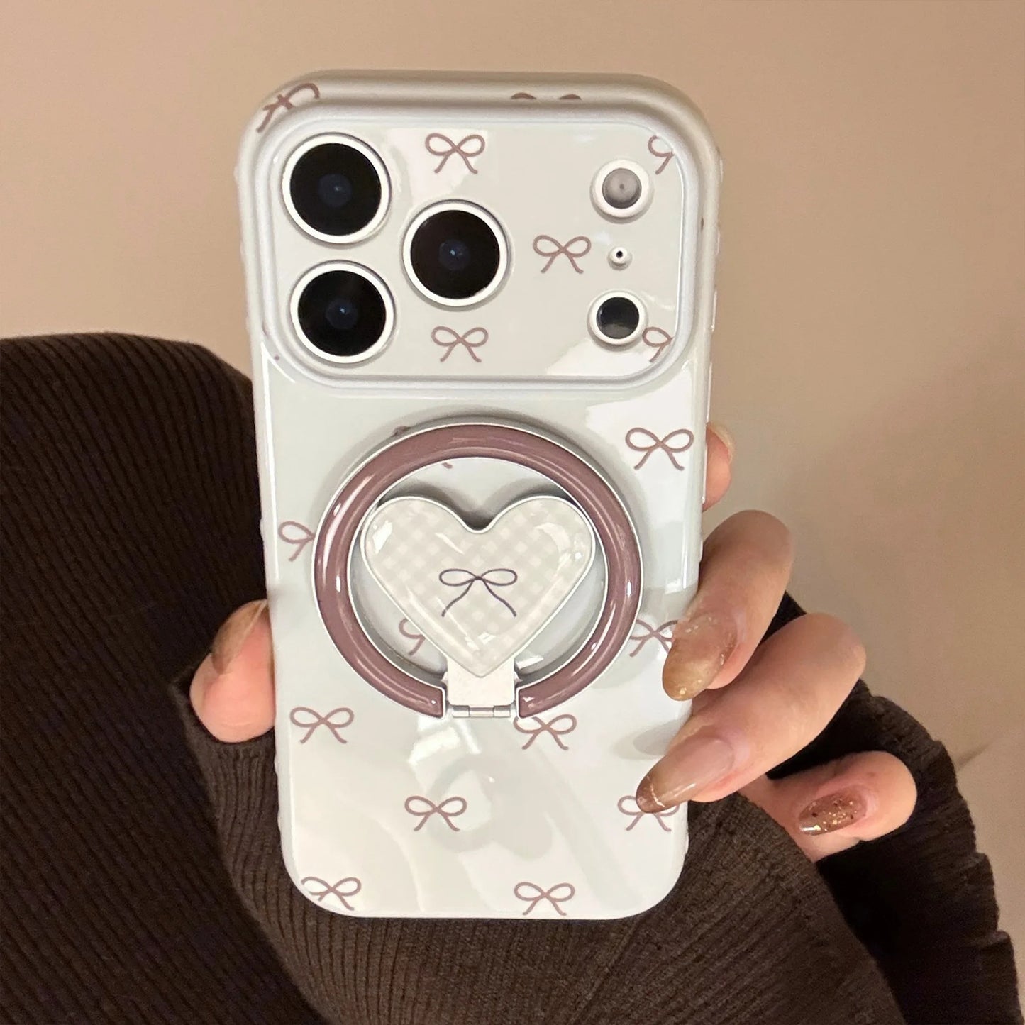 【マグネット式折りたたみハートスタンド付き】プチリボン柄 チェック ハートリング スマホケース｜iPhone対応 #240702