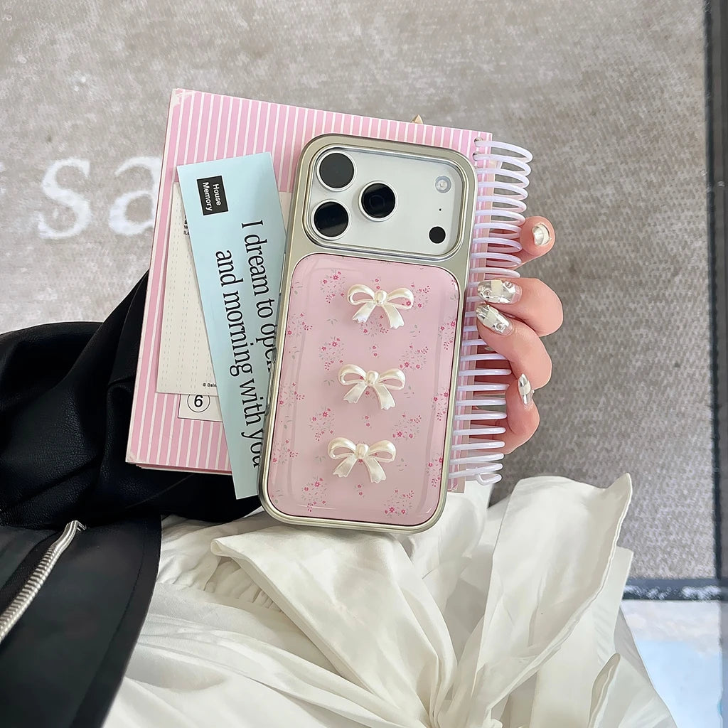 【フラワーリボンシャイン】メタリックフレーム × 小花リボン スマホケース｜iPhone対応 #240814