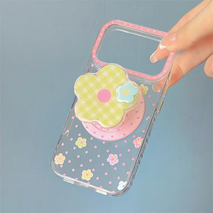 チェックフラワーグリップ 花柄 透明感 Magnet内蔵 iPhoneケース｜パステル #260028