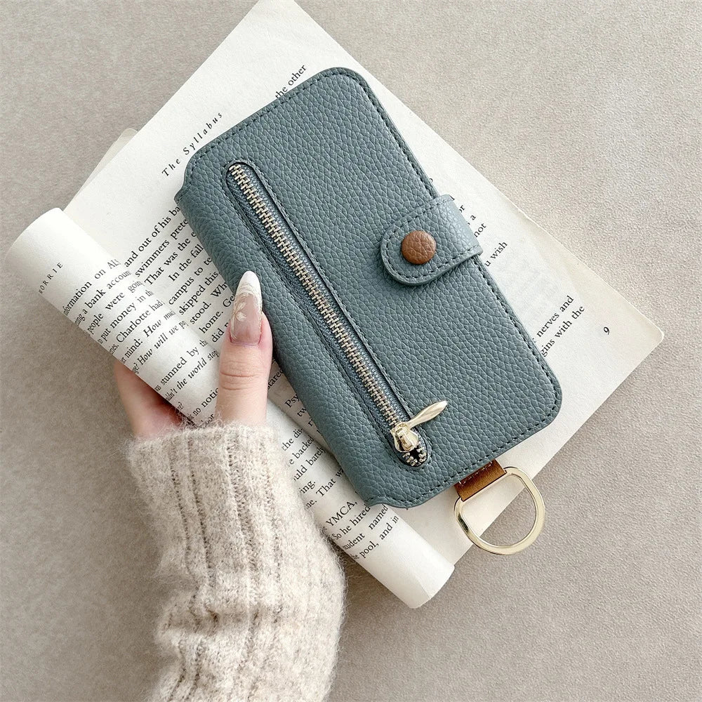 【ブックスタイル】キーリング付き レザー調 財布一体型 手帳型 iPhoneケース｜ファスナー収納・多色展開 #240128