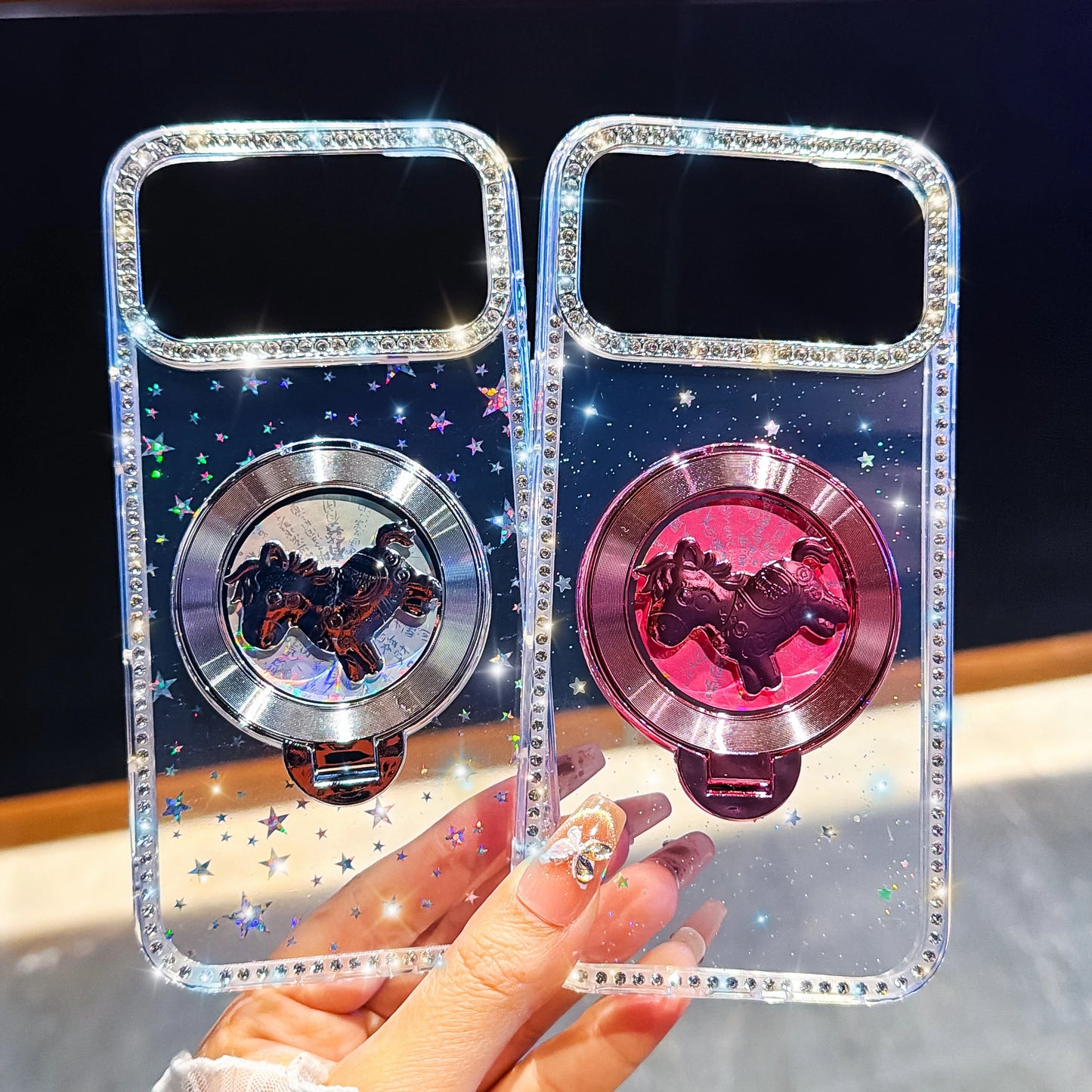 くるくる回る ユニコーン 馬 リングスタンド付き ホログラムラメ iPhoneケース #240511