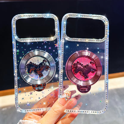 くるくる回る ユニコーン 馬 リングスタンド付き ホログラムラメ iPhoneケース #240511