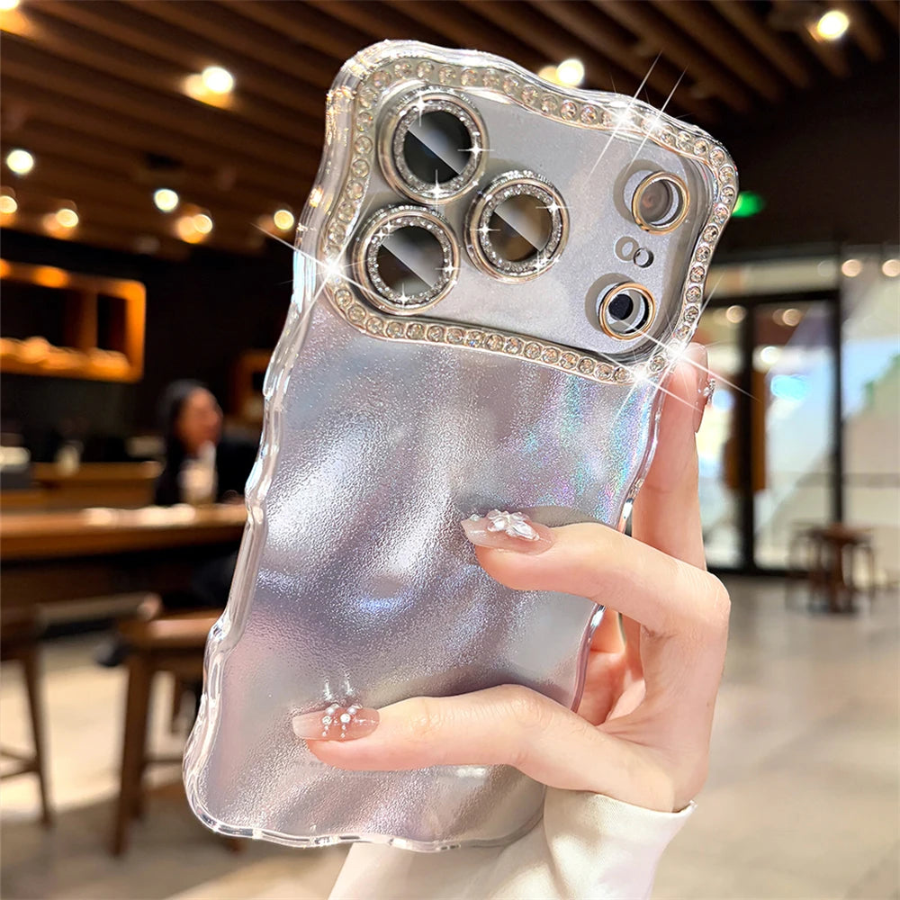 オーロラウェーブ iPhoneケース｜ラメ ラインストーン・うねうね 水波紋デザイン #230713