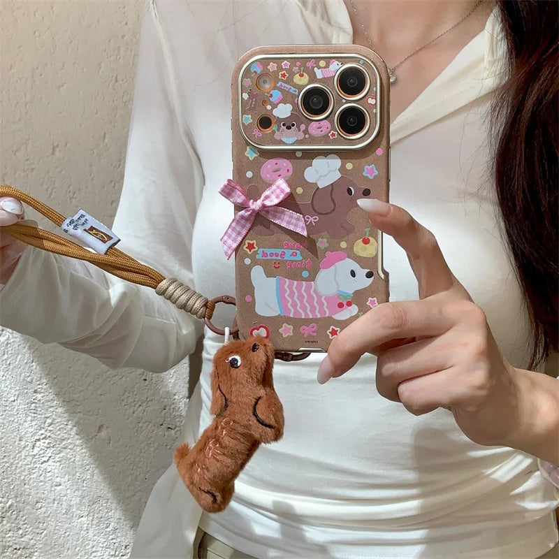 【スウィートダックス】チェックリボン×ドッグデザイン  ストラップ付き スマホケース｜iPhone対応 #241228