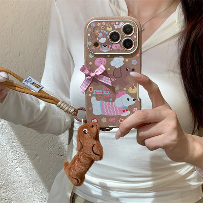 【スウィートダックス】チェックリボン×ドッグデザイン  ストラップ付き スマホケース｜iPhone対応 #241228