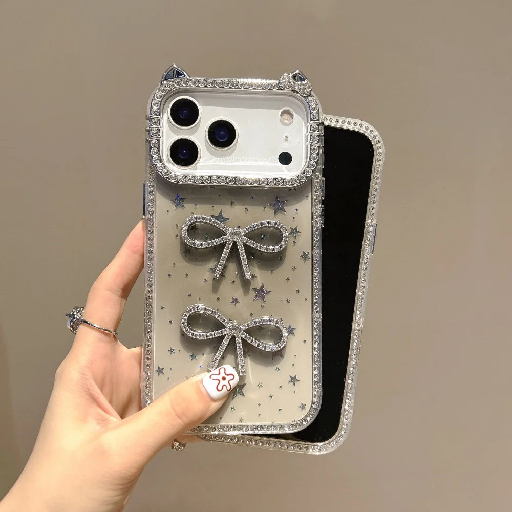 【猫耳シリーズ】ストーン付きリボン ラメデザイン キラキラスマホケース｜iPhone対応 #251203