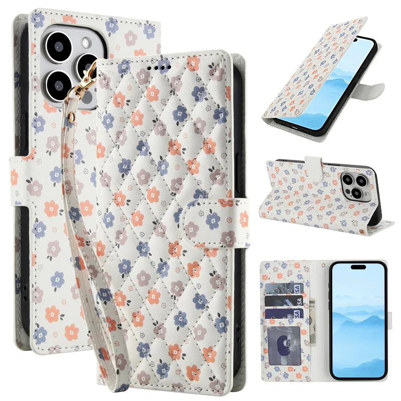 【ブックスタイル】花柄 フラワーキルティング ストラップ付き 手帳型 iPhoneケース｜カード収納 ショルダー対応 #240110
