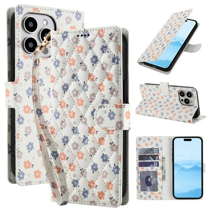 【ブックスタイル】花柄 フラワーキルティング ストラップ付き 手帳型 iPhoneケース｜カード収納 ショルダー対応 #240110