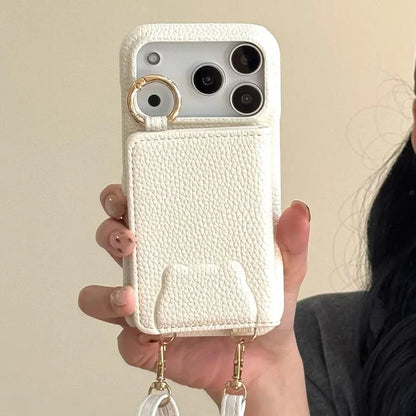 【ベアポケットレザー】くまエンボス × カード収納付き ショルダースマホケース｜iPhone対応 #250208