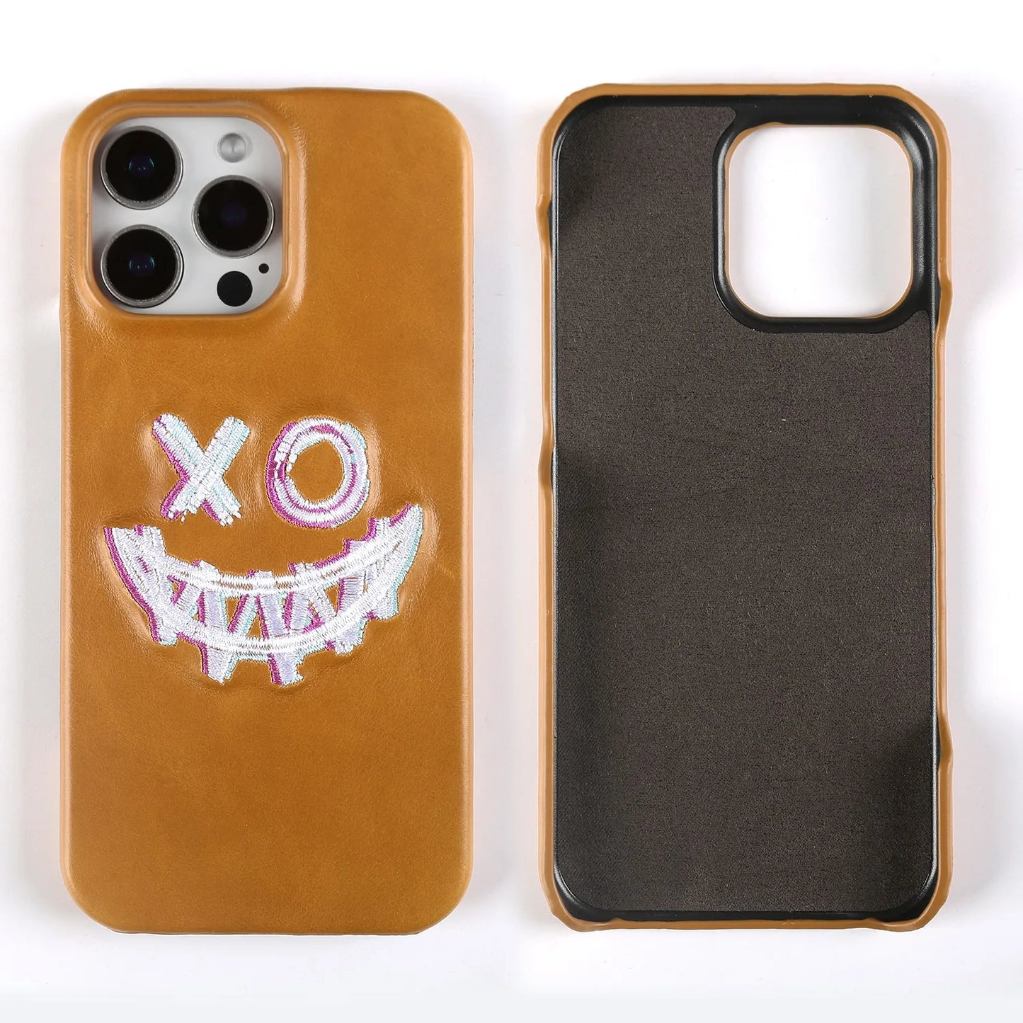 【本革シリーズ】艶あり スムースレザー スマイル ステッチケース｜iPhone対応 #240831