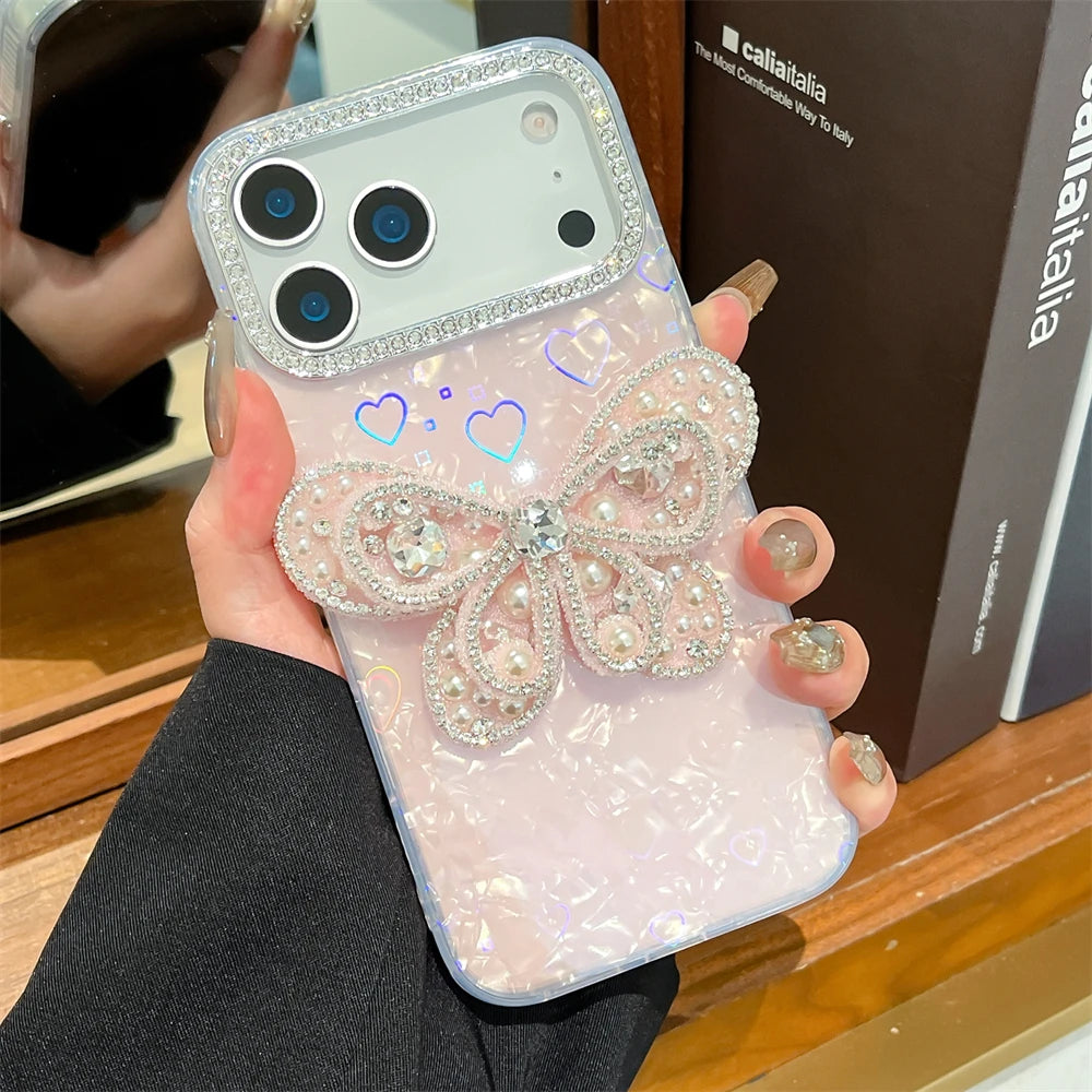 バタフライモチーフ iPhoneケース｜蝶々 パールビジューデザイン・ストラップ付き #240602