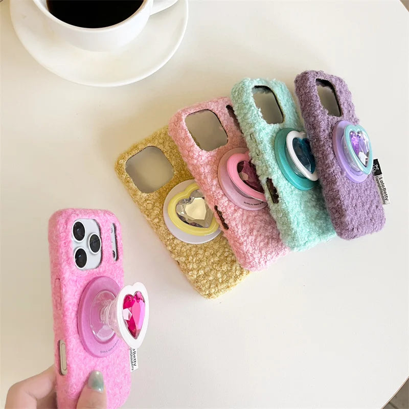 【Magsafe対応】立体ハートジュエルポップソケット × もこもこファー スマホケース｜iPhone対応 #241214