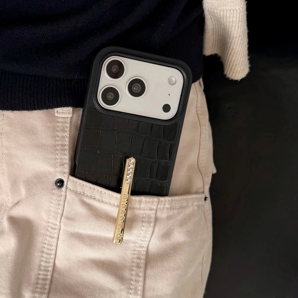 レザー調  キラキラスタンドグリップ付き iPhoneケース｜高級感デザイン #231224