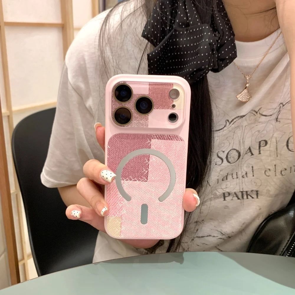 ツイード風 パッチワークデザイン Magnet内蔵 iPhoneケース #230724