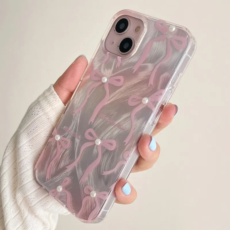 【パールピンクリボン】リボン×パールアクセント スマホケース｜iPhone対応 #250607
