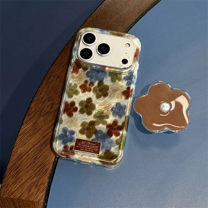 【フラワーパールスタンド】マーブル調×花柄 レザーチャーム付き スマホケース｜iPhone対応 #250312