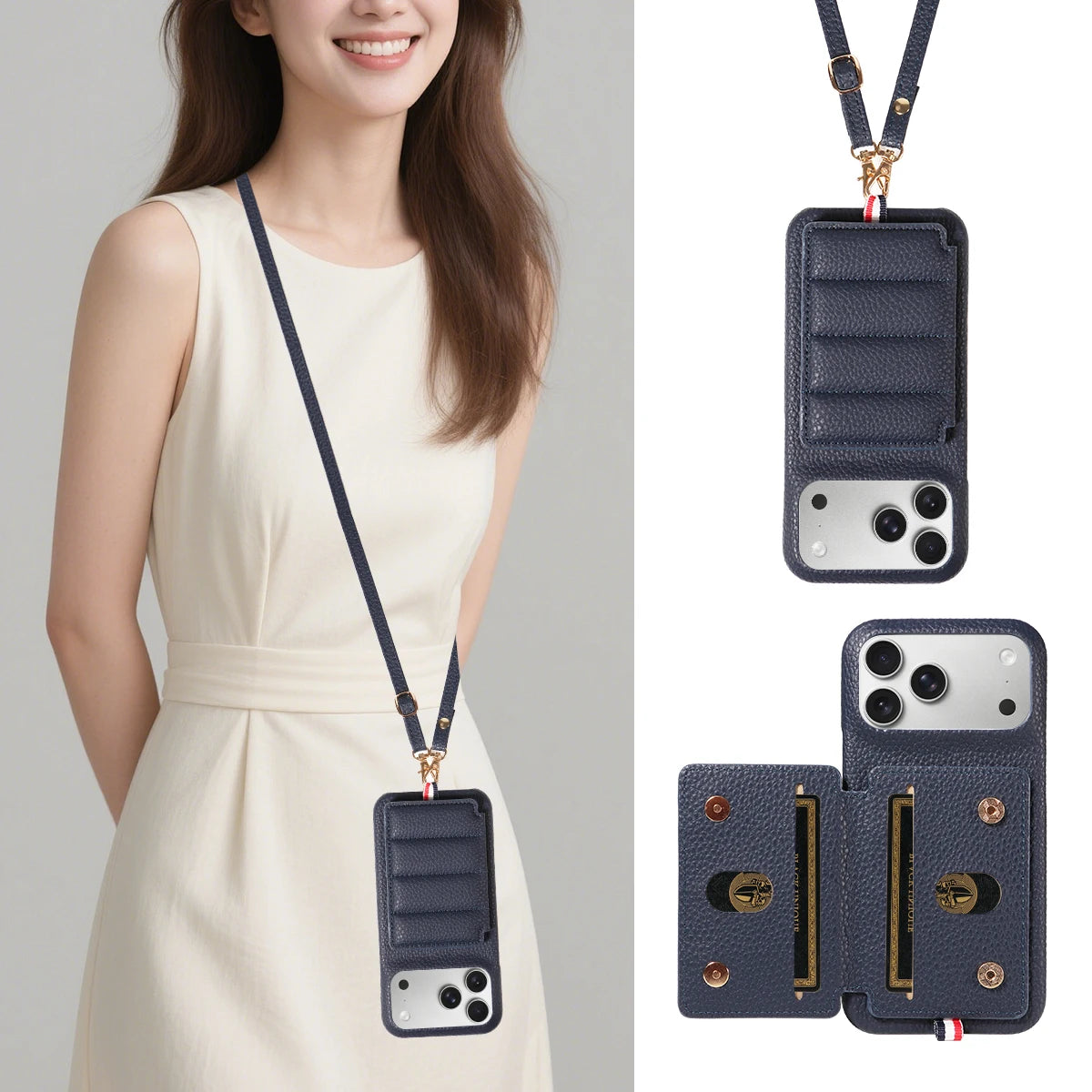 カード収納付き iPhoneケース｜キルティング レザー風デザイン・ロングストラップ付き #240528