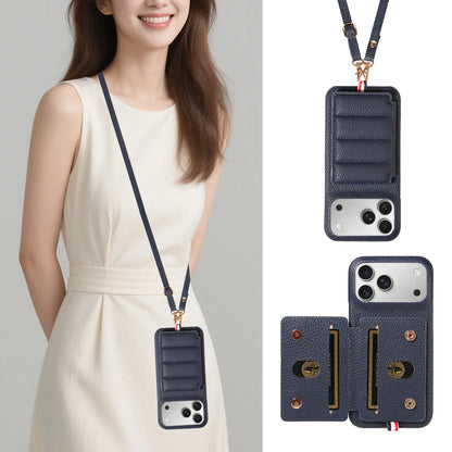 カード収納付き iPhoneケース｜キルティング レザー風デザイン・ロングストラップ付き #240528