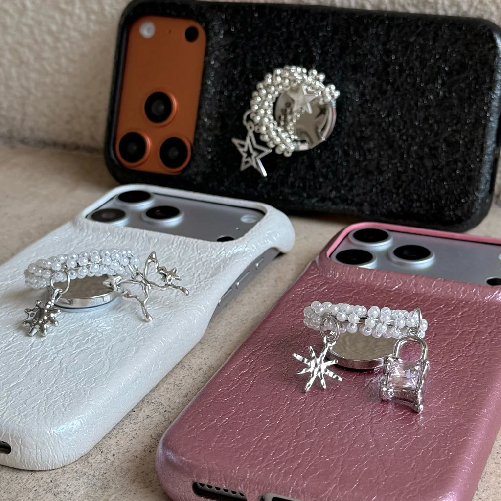 チャーム パール リング付き iPhoneケース｜レザー調・アクセサリー風 ＃230731