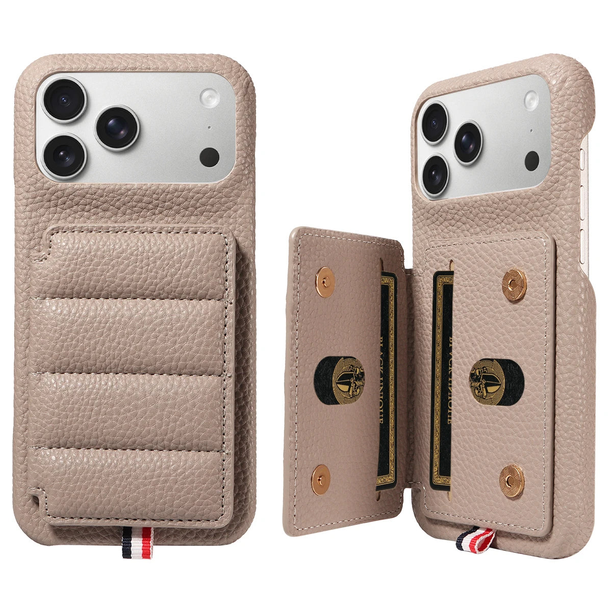 カード収納付き iPhoneケース｜キルティング レザー風デザイン・ロングストラップ付き #240528
