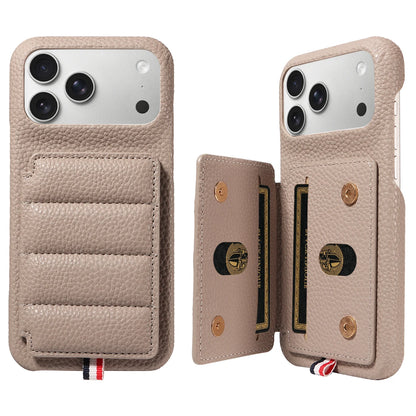 カード収納付き iPhoneケース｜キルティング レザー風デザイン・ロングストラップ付き #240528