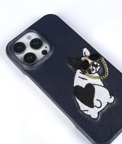 【本革シリーズ】 レザー サングラス フレンチブルドッグ 刺繍 iPhoneケース #260211