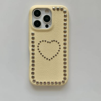 【ハートスタッズシリーズ】レザー・デニム調 シルバー スタッズ スマホケース｜iPhone対応 #251205