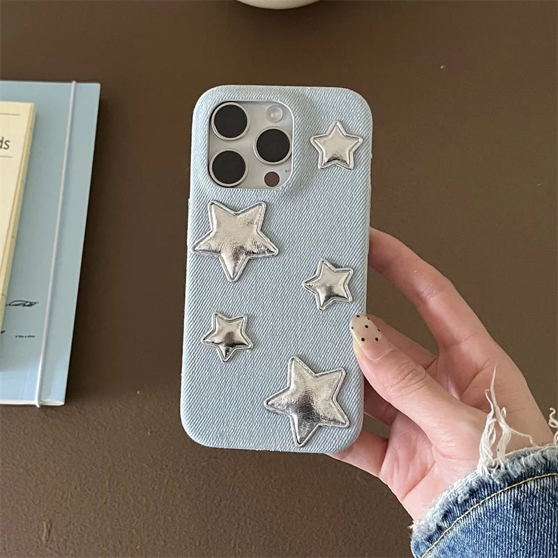 【スターシルバー】メタリック 星柄 × デニムスマホケース｜iPhone対応 #250129