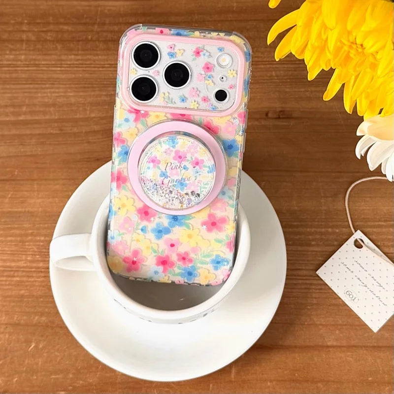 【カラフル】フラワーiPhoneケース グリッター Magnetグリップ付き｜ポップ・華やか #231020