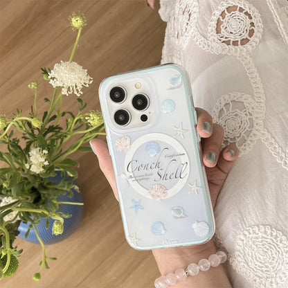 【貝殻モチーフ×夏の海デザイン】シェル＆スターフィッシュ付きクリアケース｜iPhone対応 #250514