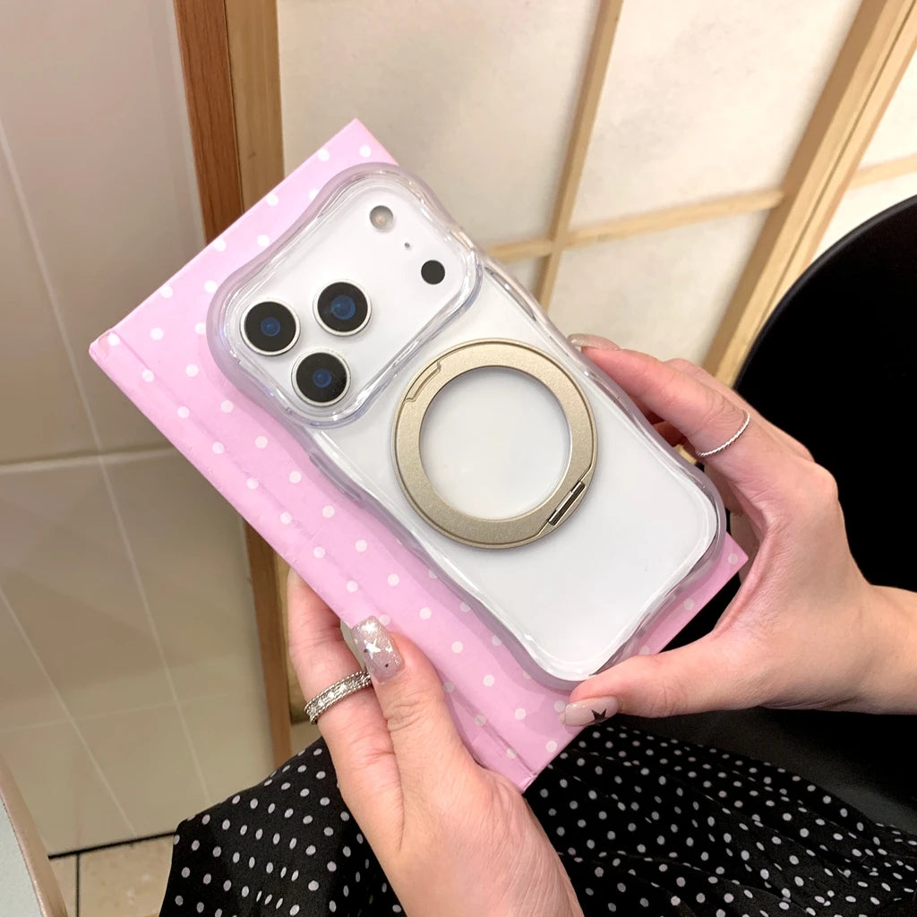 ウェーブフレーム 半透明クリア リングデザイン iPhoneケース｜ポップカラー・ホルダー付き #260083