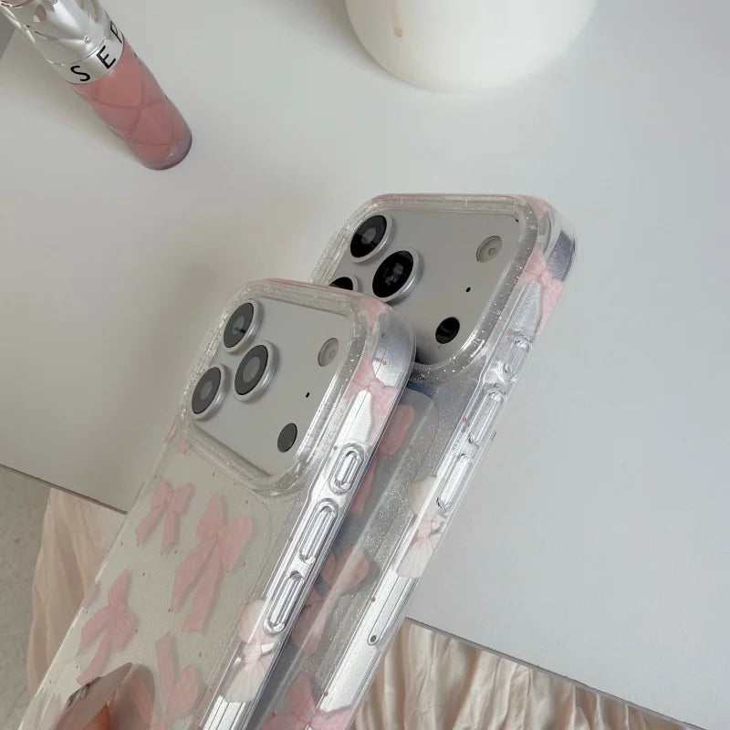 【リボンモチーフ】 クリア iPhoneケース 水玉模様 蝶結び付き ソフトシェル｜パールストラップ・淡色デザイン #230907