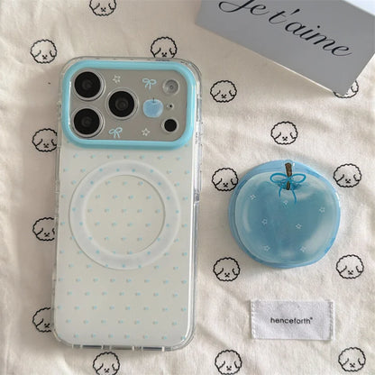 青りんごグリップ 水色リボン 透明感クリア Magnet内蔵 iPhoneケース｜淡色ブルー #260024