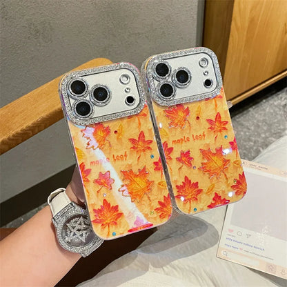【メイプルリーフ】紅葉 クリア × ラメ オレンジ レンズ周りジュエリー ケース｜iPhone対応 #240917