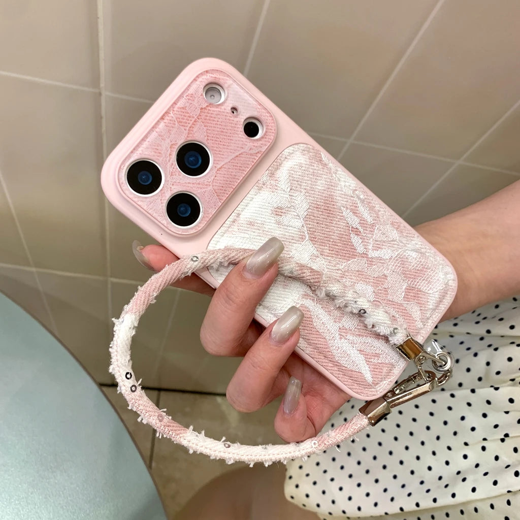 【ホワイトレース調】iPhoneケース デニム地 ｜ストラップ付き #230930