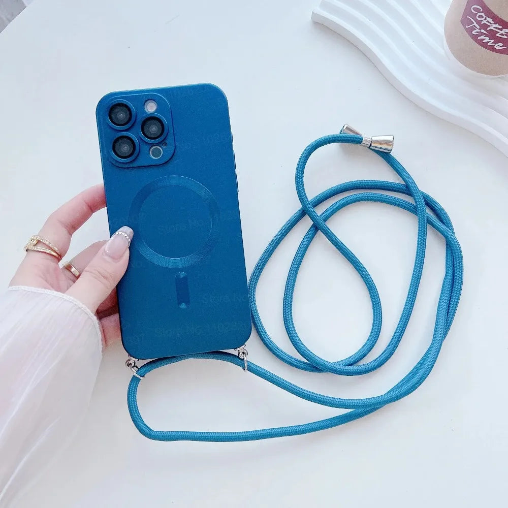 【ワイヤレス充電対応シリーズ】マットメタル ストラップ付きシンプルデザイン スマホケース｜iPhone対応 #251106
