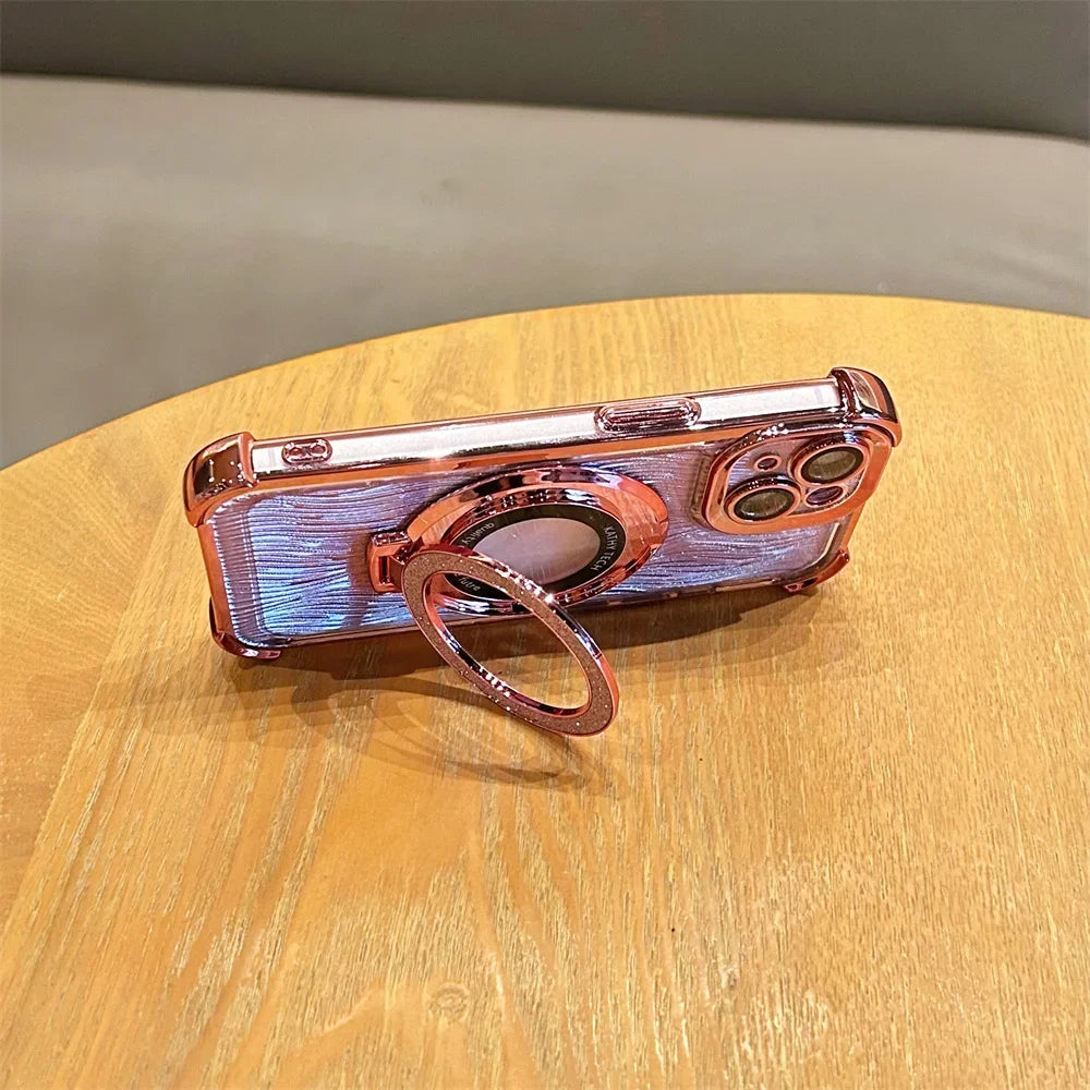 【Magsafe対応】高級感 ゴールド×ラメ リング付き iPhoneケース｜耐衝撃・スタンド機能・キラキラデザイン｜iPhone対応 #250407