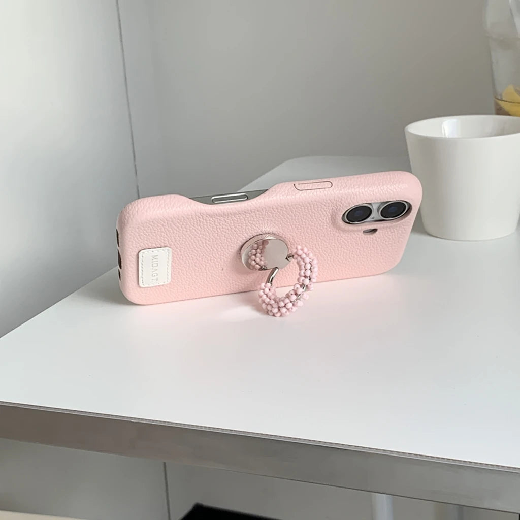 【レザー調】カラー ビーズ リング スタンド付き スマホケース｜iPhone対応 #250421