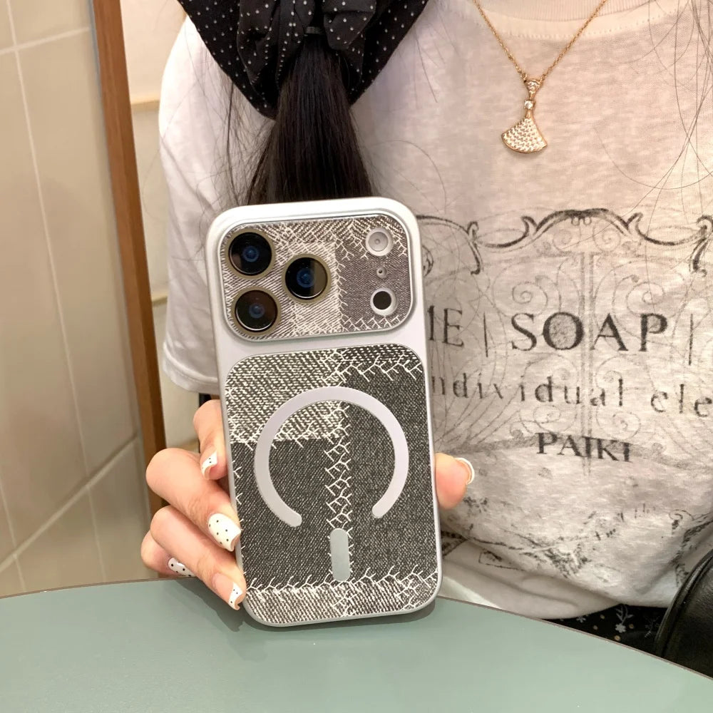 ツイード風 パッチワークデザイン Magnet内蔵 iPhoneケース #230724
