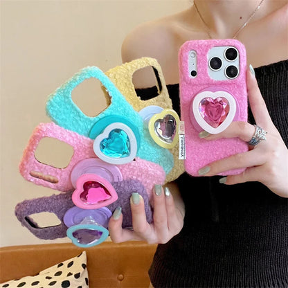 【Magnet内蔵】立体ハートジュエルポップソケット × もこもこファー スマホケース｜iPhone対応 #241214