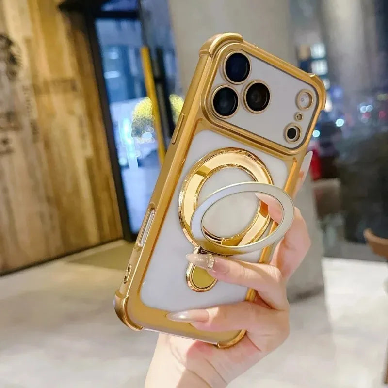 リングスタンド付き メッキフレーム バンパー Magnet内蔵 クリア iPhoneケース｜上品・シンプル #260061